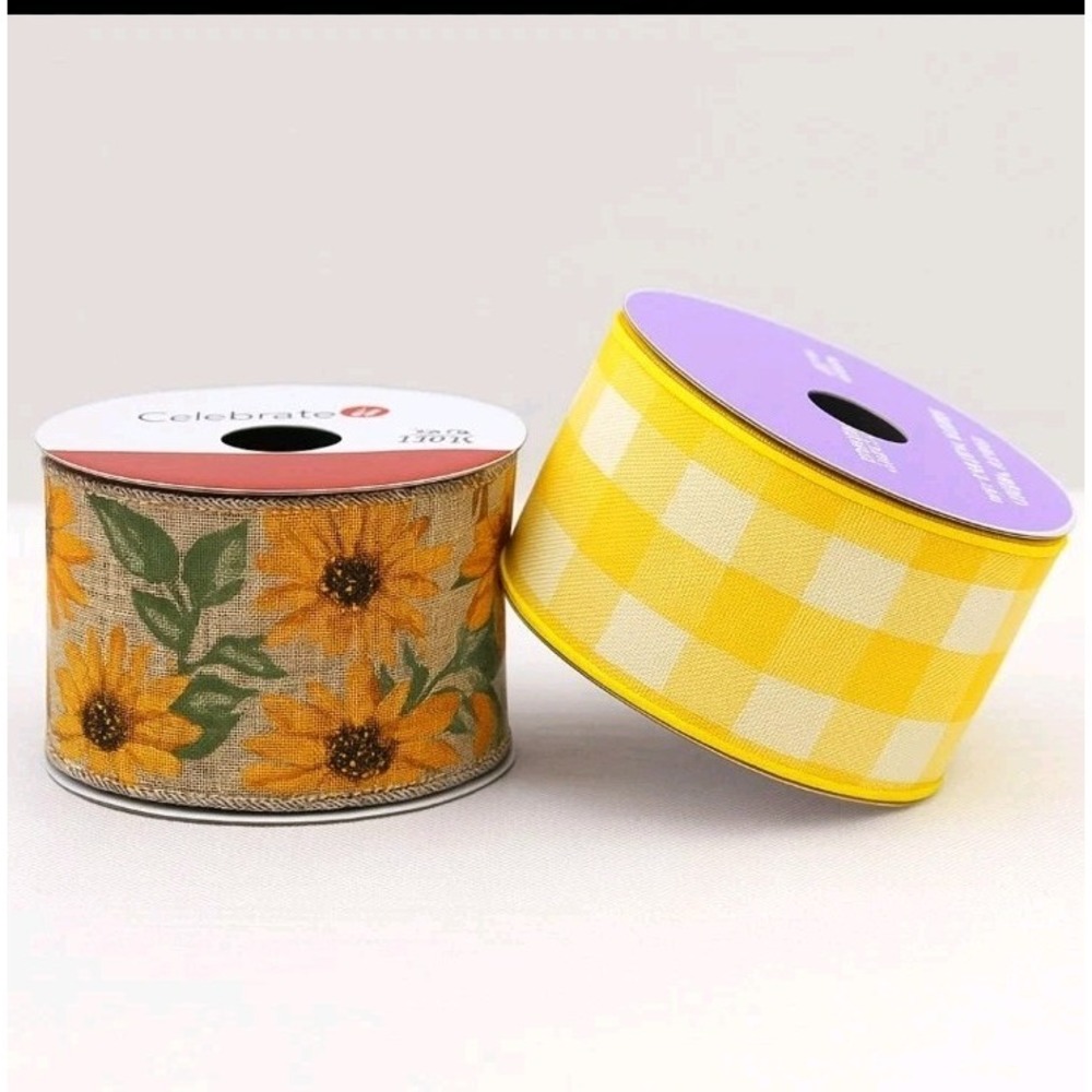 Sunflower & Yellow Gingham Wired Ribbon 2.5" x 20-25ft Craft Decor Lot of 2
